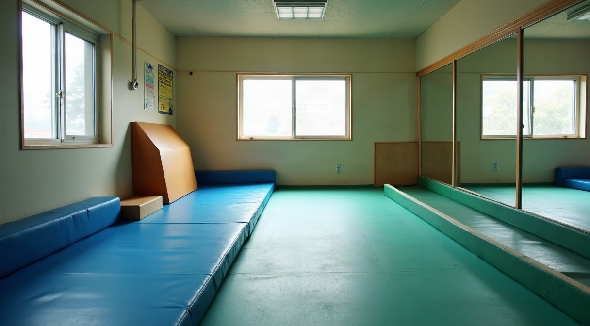 体操教室の練習フロア。青と緑のマットが敷き詰められ、壁際に低い平均台と踏切板、右手は鏡張り