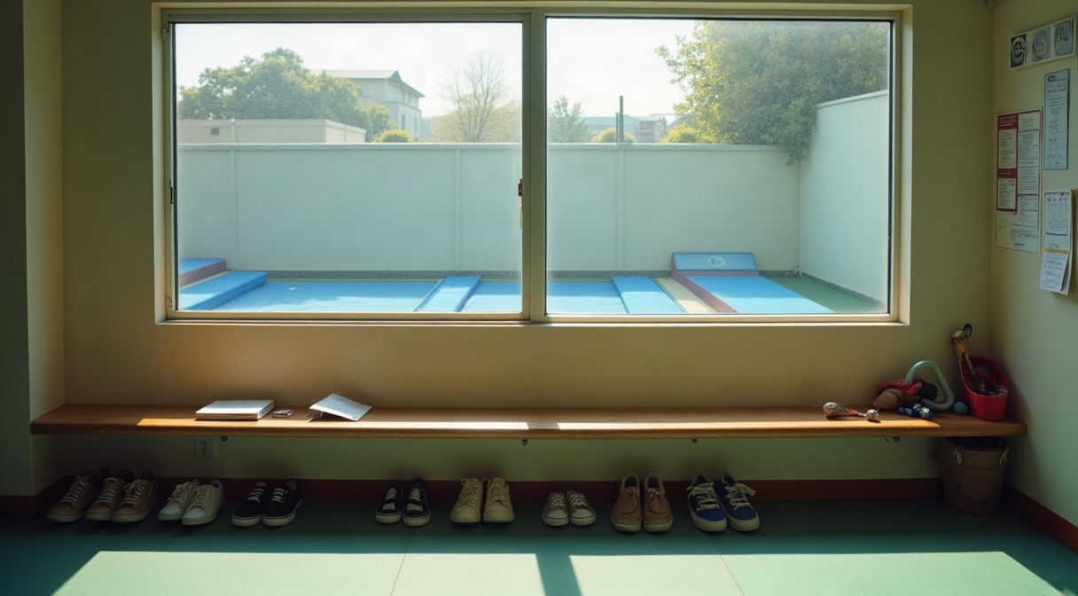 体操教室の待合コーナー。壁沿いの低いベンチの下に子どもの靴が並び、体験申込用のバインダー、窓の向こうに青いマットの練習フロア