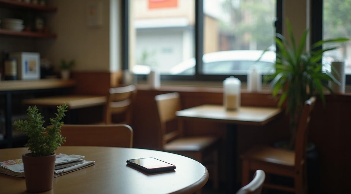開店前のカフェの店内。テーブルにスマートフォンが置かれている