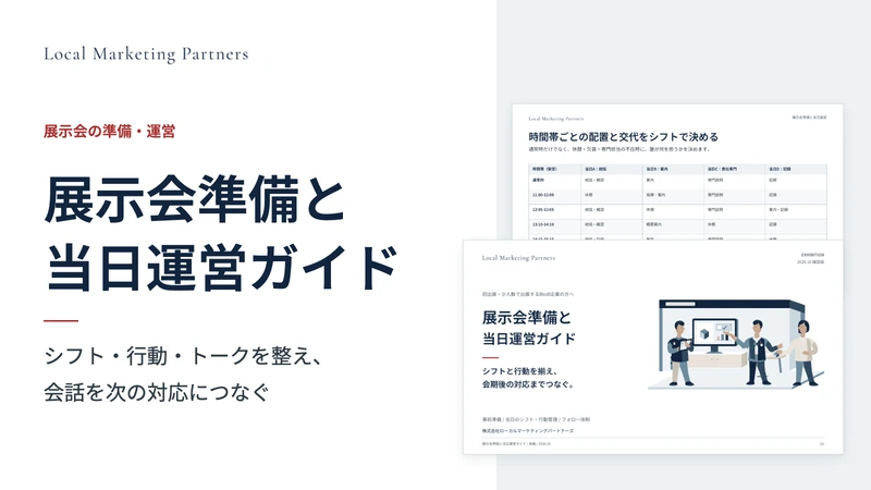 展示会準備と当日運営ガイドの表紙と、シフト・時間割を整理する実際の紙面