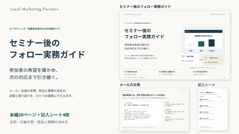 セミナー後のフォロー実務ガイドの表紙と、メール・電話・営業引継ぎを整理する実際の紙面