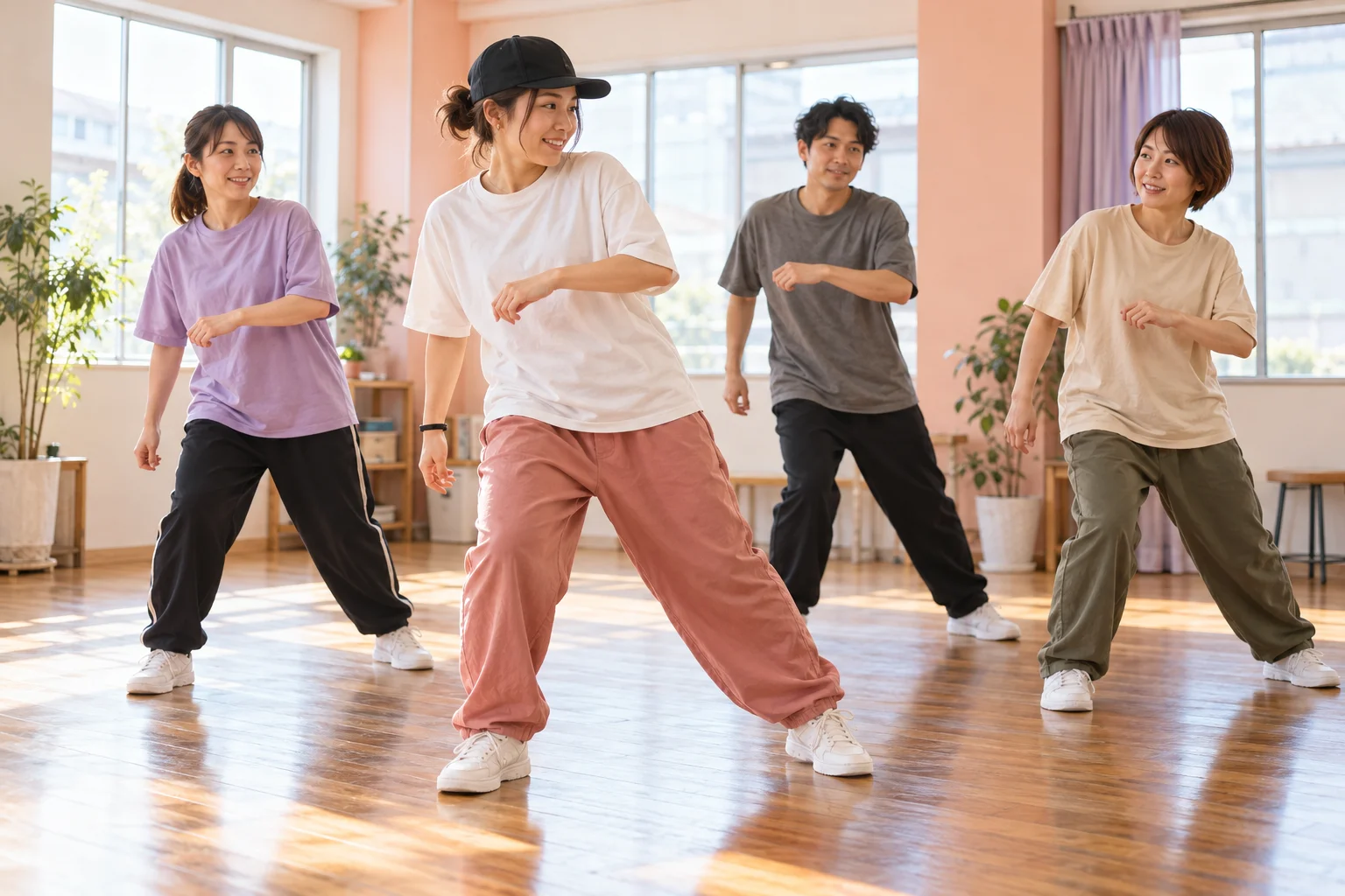 講師と一緒にダンスの基礎を練習する大人たちのイメージ